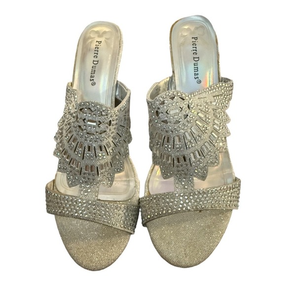 Pierre Dumas Silver Rhinestone Open Toe Heels Size 9.5 Womens Formal - Picture 2 of 8